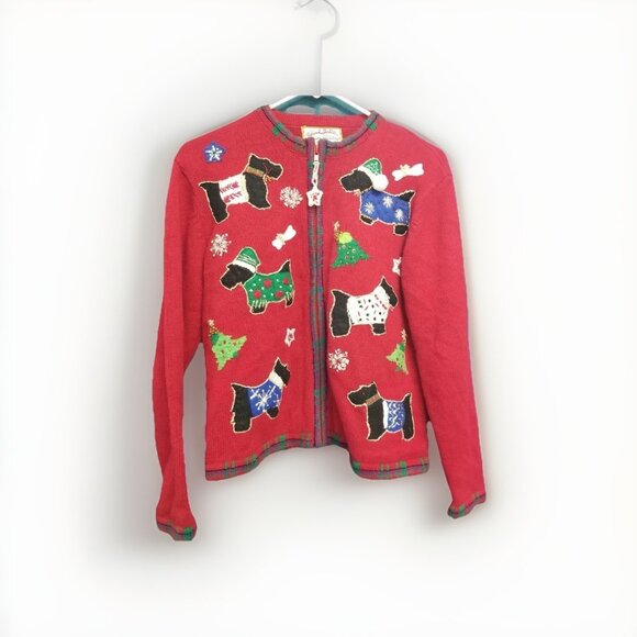 Heirloom Collectibles Vtg Scottie Dog Christmas Sweater Full Zip Jacket, Size PS - Picture 1 of 7